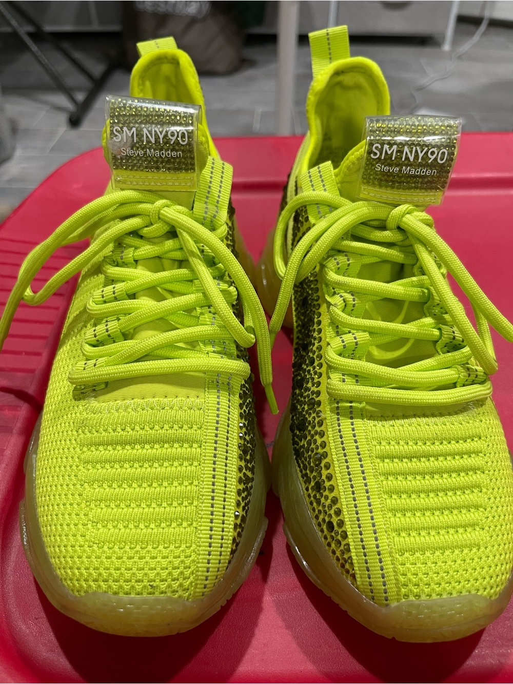 Steve Madden Kids Neon Lime SM NY90 Knit Sneakers with Glitter Detail
